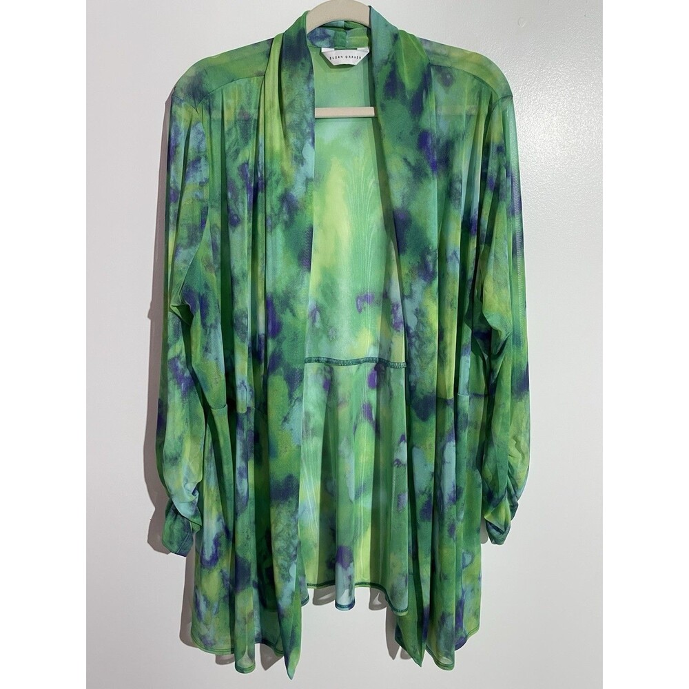 Susan Graver Cardigan 3XP Green Abstract Tie Dye Office Brunch Open Front Duster